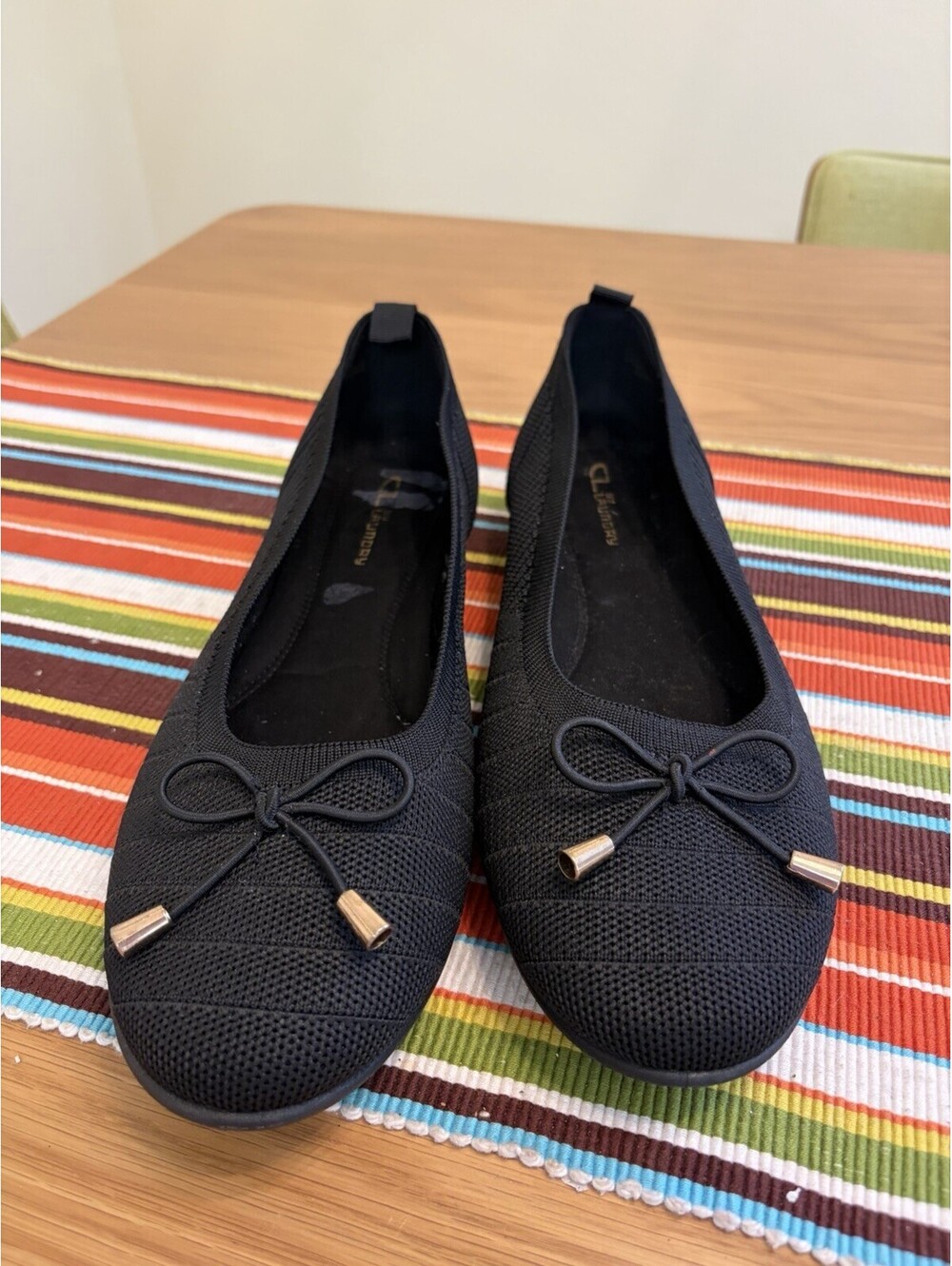 CL By Laundry Black Knit Ballet Flats 11W Bow With Metal Tips